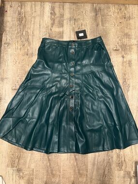 Women's Teal Faux Leather Button-Front Midi Skirt